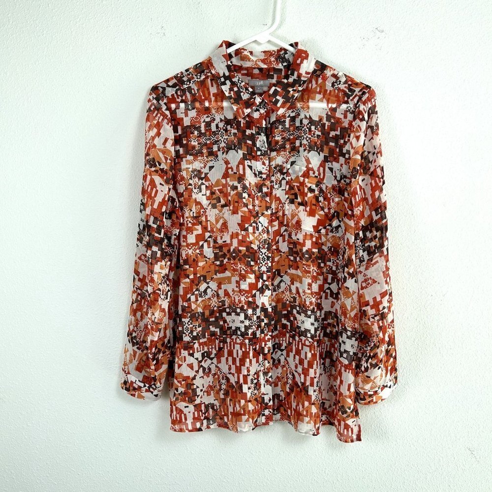 J Jill Sheer Blouse Size M Orange Brown Geometric Tribal Button Up Long Sleeve